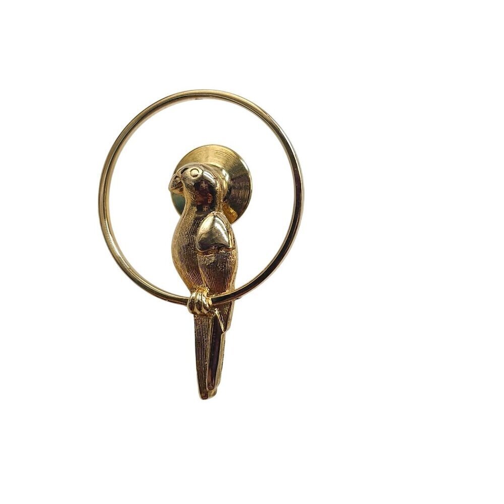 Gold-Tone Avon Parrot Pin Brooch With Circular Perch Tie Tac